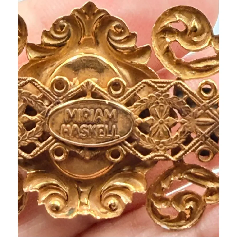 Miriam Haskell Faux Pearl, Russian Gilt Filigree Brooch Signed